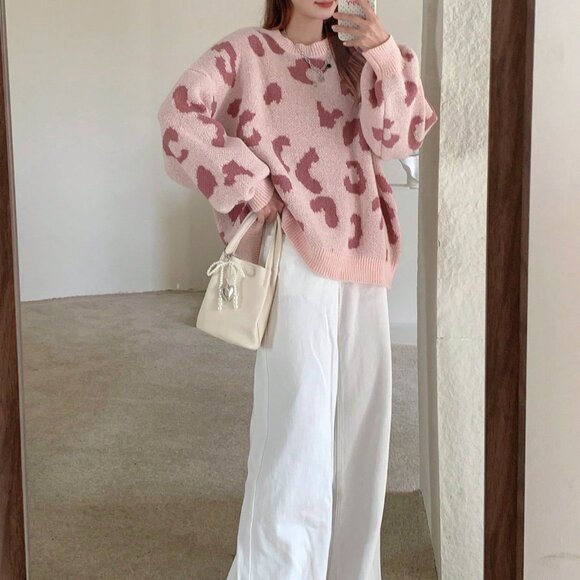 Casual Women's Multicolor Loose Fit Leopard Sweater - Picture 1 of 8